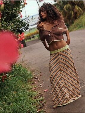 Free People FP Beach Montego Maxi Skirt S Small Chevron Stripe Terry Knit Boho